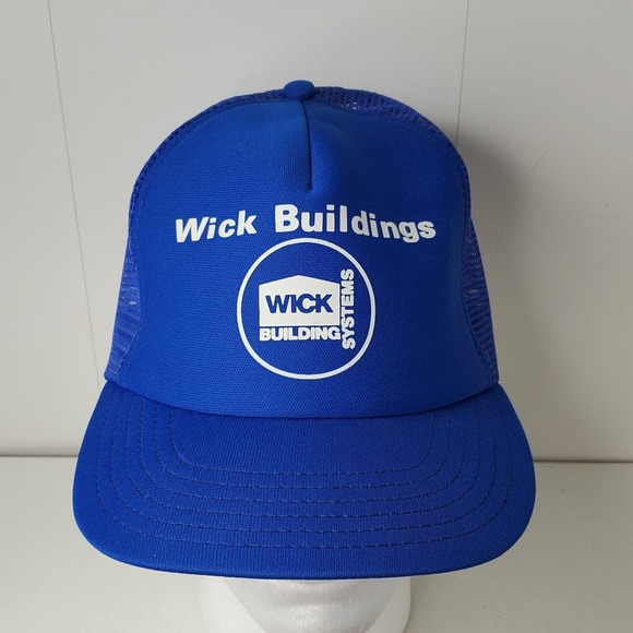 VTG Wick Building Supplies Wisconsin Mesh Trucker Hat Snapback Cap Blue Logo USA - Picture 1 of 8